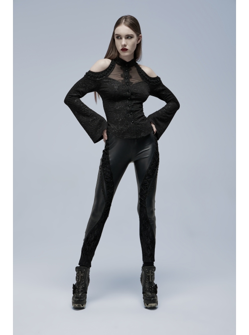 Gorgeous Gothic Stretch-Knit Printed Splicing Mesh Shoulder Jacquard Off The Shoulder Tie Rope Female Shirt