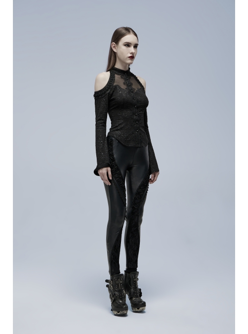 Gorgeous Gothic Stretch-Knit Printed Splicing Mesh Shoulder Jacquard Off The Shoulder Tie Rope Female Shirt