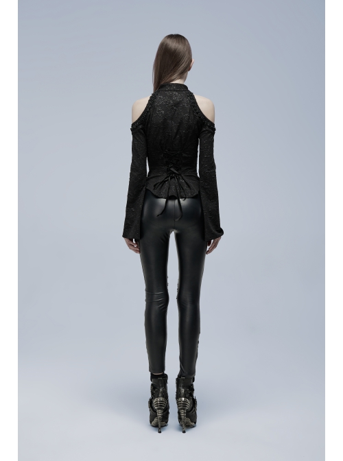 Gorgeous Gothic Stretch-Knit Printed Splicing Mesh Shoulder Jacquard Off The Shoulder Tie Rope Female Shirt