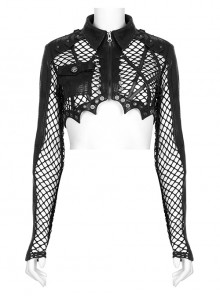 Irregular Printed Knitted Fabric Splicing Stretch Diamond Mesh Metal Shake Button Hem Bat Trim Zipper Punk Short Female Jacket