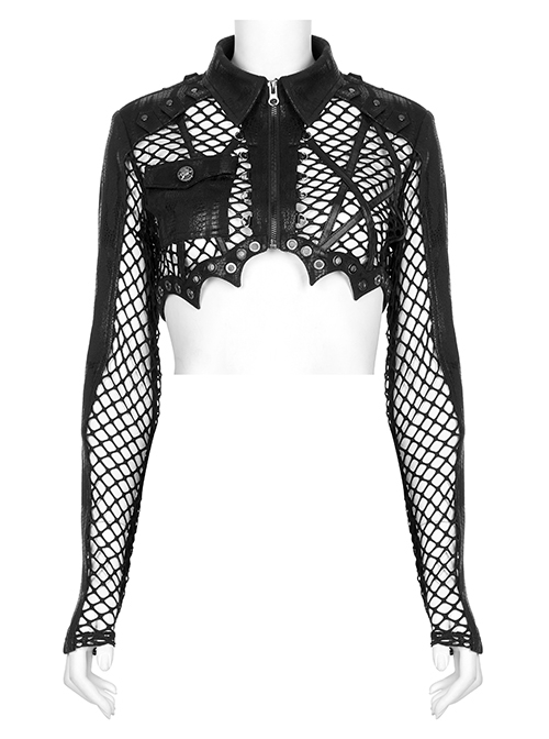 Irregular Printed Knitted Fabric Splicing Stretch Diamond Mesh Metal Shake Button Hem Bat Trim Zipper Punk Short Female Jacket