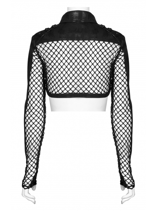 Irregular Printed Knitted Fabric Splicing Stretch Diamond Mesh Metal Shake Button Hem Bat Trim Zipper Punk Short Female Jacket