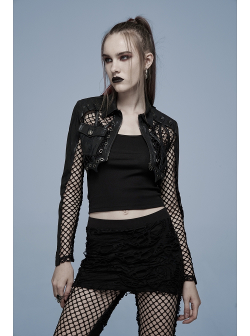 Irregular Printed Knitted Fabric Splicing Stretch Diamond Mesh Metal Shake Button Hem Bat Trim Zipper Punk Short Female Jacket