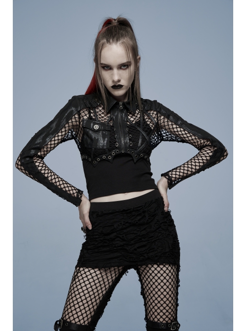 Irregular Printed Knitted Fabric Splicing Stretch Diamond Mesh Metal Shake Button Hem Bat Trim Zipper Punk Short Female Jacket