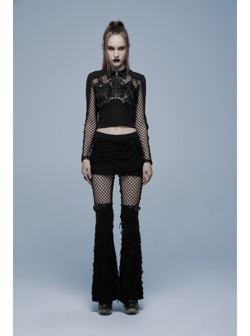 Irregular Printed Knitted Fabric Splicing Stretch Diamond Mesh Metal Shake Button Hem Bat Trim Zipper Punk Short Female Jacket