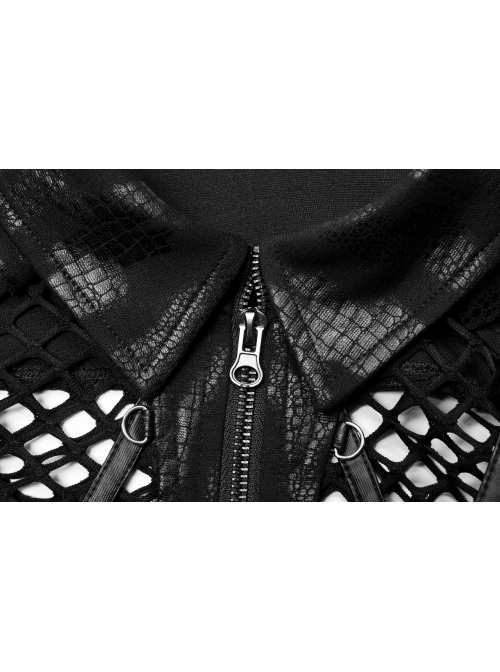 Irregular Printed Knitted Fabric Splicing Stretch Diamond Mesh Metal Shake Button Hem Bat Trim Zipper Punk Short Female Jacket