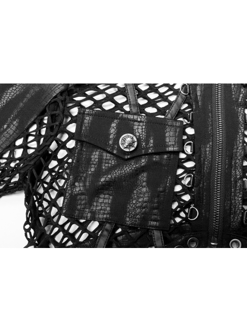 Irregular Printed Knitted Fabric Splicing Stretch Diamond Mesh Metal Shake Button Hem Bat Trim Zipper Punk Short Female Jacket
