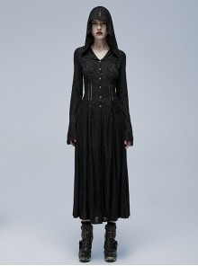 Embossed Knitting Gothic Beautifully Hollowed Applique Cross Webbing Pleated Lace Flared Sleeves Hooded Long Female Coat