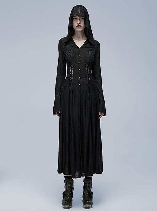 Embossed Knitting Gothic Beautifully Hollowed Applique Cross Webbing Pleated Lace Flared Sleeves Hooded Long Female Coat