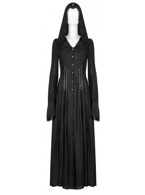 Embossed Knitting Gothic Beautifully Hollowed Applique Cross Webbing Pleated Lace Flared Sleeves Hooded Long Female Coat