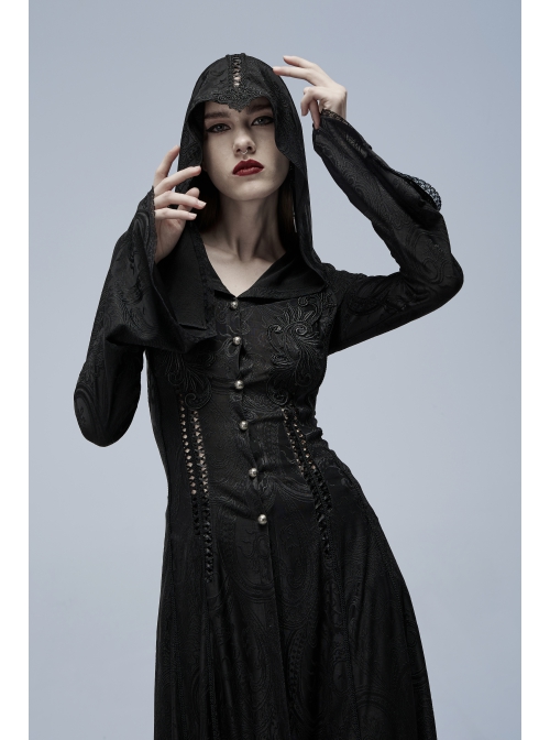 Embossed Knitting Gothic Beautifully Hollowed Applique Cross Webbing Pleated Lace Flared Sleeves Hooded Long Female Coat