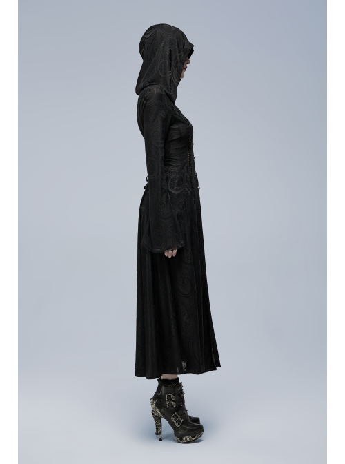 Embossed Knitting Gothic Beautifully Hollowed Applique Cross Webbing Pleated Lace Flared Sleeves Hooded Long Female Coat