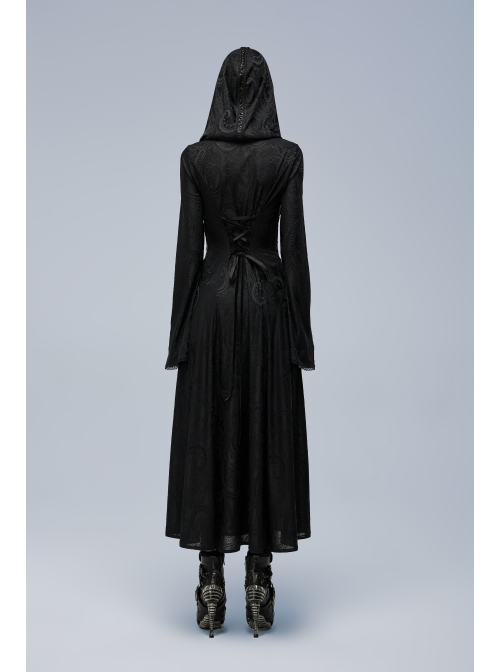 Embossed Knitting Gothic Beautifully Hollowed Applique Cross Webbing Pleated Lace Flared Sleeves Hooded Long Female Coat