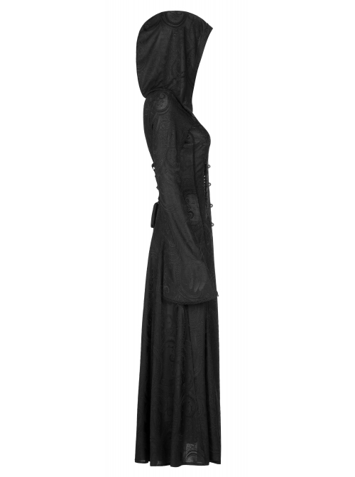 Embossed Knitting Gothic Beautifully Hollowed Applique Cross Webbing Pleated Lace Flared Sleeves Hooded Long Female Coat