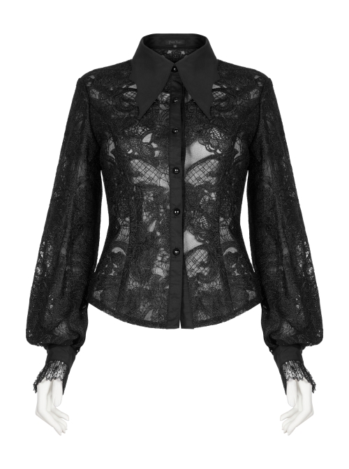 Gothic No Elasticity Sexy Hollowed Embroidered Mesh Personalized Bat Neckline Black Long Sleeve Shirt