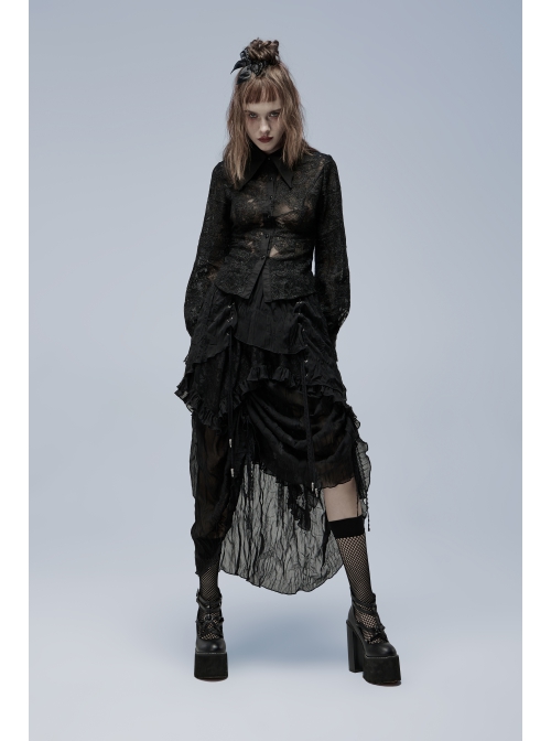 Gothic No Elasticity Sexy Hollowed Embroidered Mesh Personalized Bat Neckline Black Long Sleeve Shirt