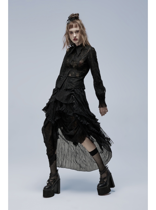 Gothic No Elasticity Sexy Hollowed Embroidered Mesh Personalized Bat Neckline Black Long Sleeve Shirt