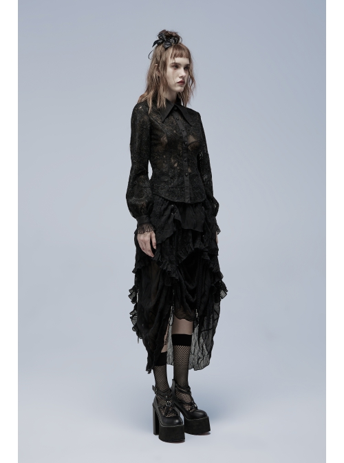 Gothic No Elasticity Sexy Hollowed Embroidered Mesh Personalized Bat Neckline Black Long Sleeve Shirt