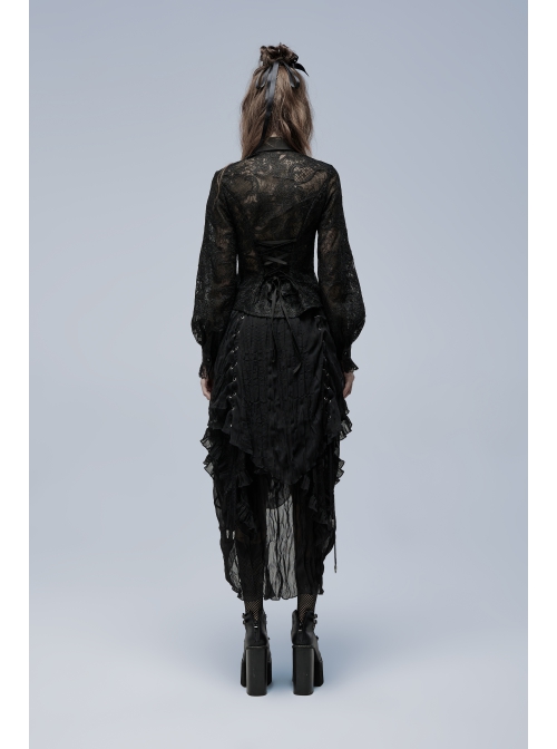 Gothic No Elasticity Sexy Hollowed Embroidered Mesh Personalized Bat Neckline Black Long Sleeve Shirt