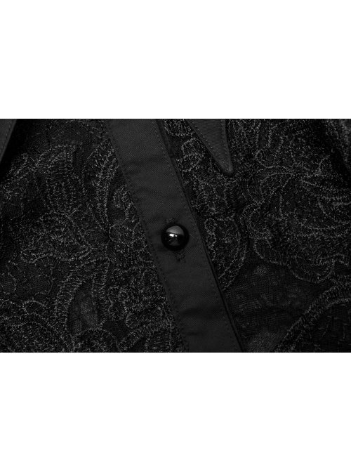 Gothic No Elasticity Sexy Hollowed Embroidered Mesh Personalized Bat Neckline Black Long Sleeve Shirt