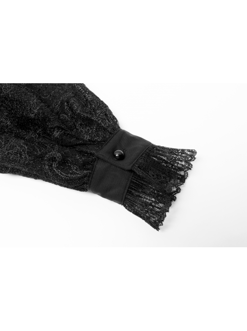 Gothic No Elasticity Sexy Hollowed Embroidered Mesh Personalized Bat Neckline Black Long Sleeve Shirt