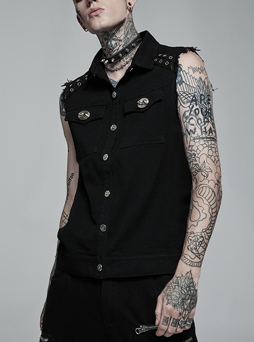 Punk Simple Daily Elastic Twill Fabric Featured Flap Pocket Metal Accessories Black Sleeveless Male Vest