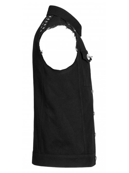 Punk Simple Daily Elastic Twill Fabric Featured Flap Pocket Metal Accessories Black Sleeveless Male Vest