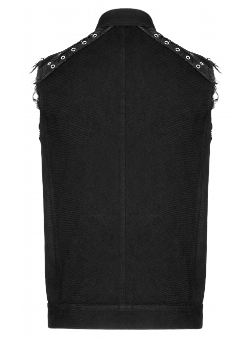 Punk Simple Daily Elastic Twill Fabric Featured Flap Pocket Metal Accessories Black Sleeveless Male Vest