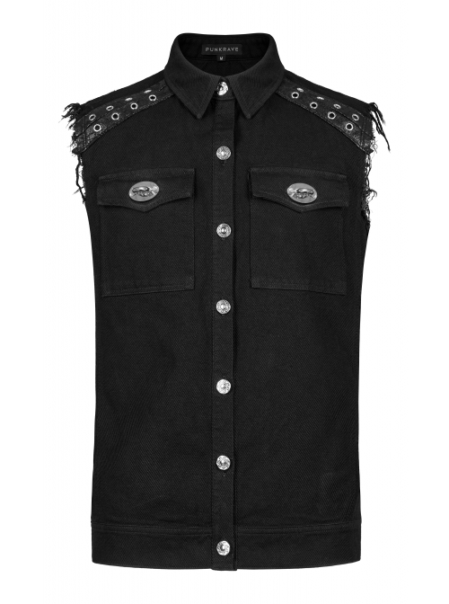 Punk Simple Daily Elastic Twill Fabric Featured Flap Pocket Metal Accessories Black Sleeveless Male Vest