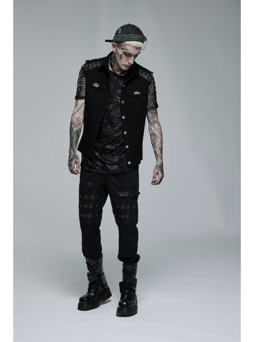 Punk Simple Daily Elastic Twill Fabric Featured Flap Pocket Metal Accessories Black Sleeveless Male Vest