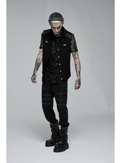Punk Simple Daily Elastic Twill Fabric Featured Flap Pocket Metal Accessories Black Sleeveless Male Vest