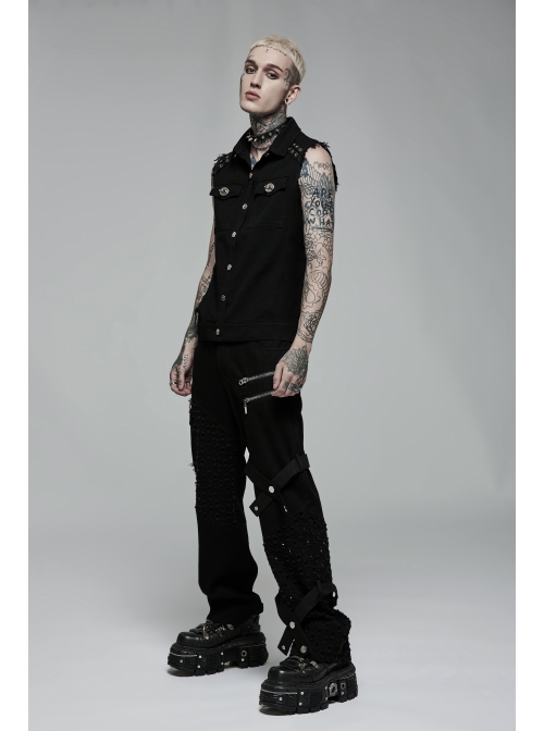 Punk Simple Daily Elastic Twill Fabric Featured Flap Pocket Metal Accessories Black Sleeveless Male Vest