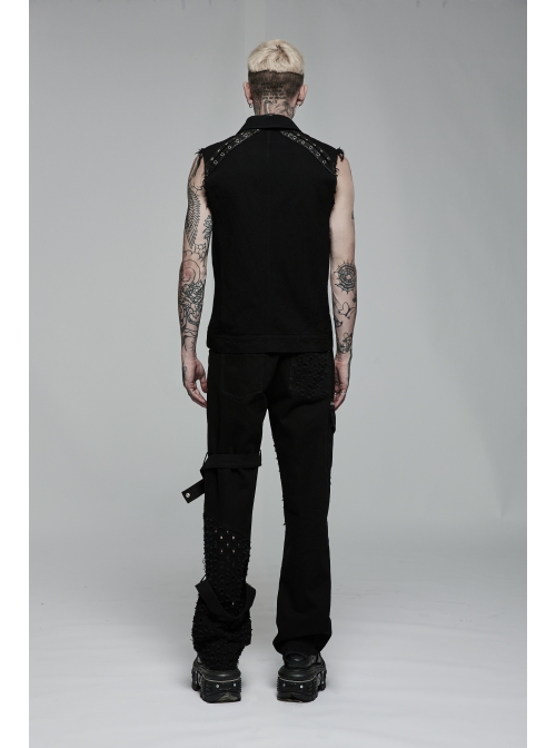 Punk Simple Daily Elastic Twill Fabric Featured Flap Pocket Metal Accessories Black Sleeveless Male Vest