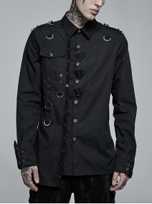Black Punk Asymmetric Hem Personality Metal Buckle Decorative Soft Long Sleeve Male Shirt