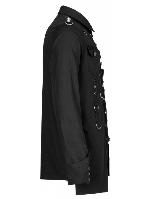 Black Punk Asymmetric Hem Personality Metal Buckle Decorative Soft Long Sleeve Male Shirt