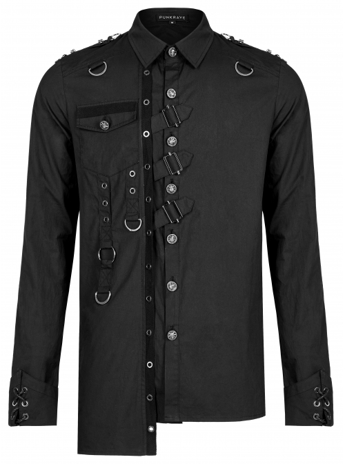Black Punk Asymmetric Hem Personality Metal Buckle Decorative Soft Long Sleeve Male Shirt
