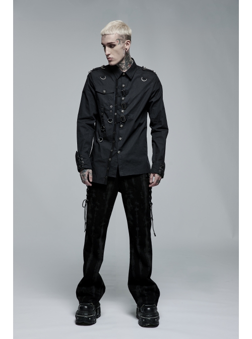 Black Punk Asymmetric Hem Personality Metal Buckle Decorative Soft Long Sleeve Male Shirt