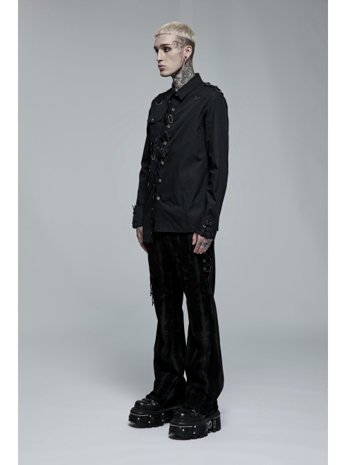 Black Punk Asymmetric Hem Personality Metal Buckle Decorative Soft Long Sleeve Male Shirt