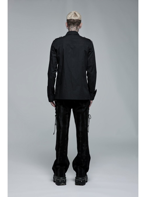 Black Punk Asymmetric Hem Personality Metal Buckle Decorative Soft Long Sleeve Male Shirt