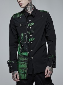 Black Punk Asymmetric Hem Green Printing Personality Metal Buckle Decorative Soft Long Sleeve Male Shirt