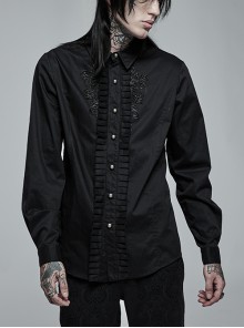 Delicate Decals Placket Pleated Ruffle Simple Black Long Sleeve Gothic Male Shirt