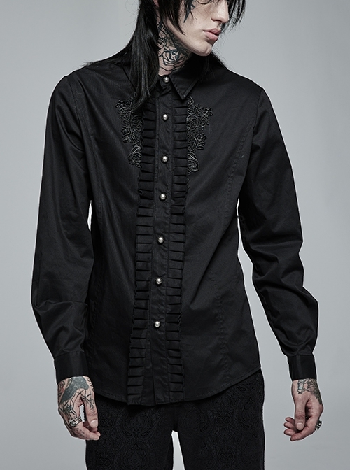 Delicate Decals Placket Pleated Ruffle Simple Black Long Sleeve Gothic Male Shirt
