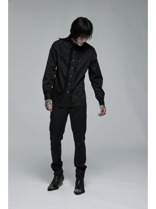 Delicate Decals Placket Pleated Ruffle Simple Black Long Sleeve Gothic Male Shirt