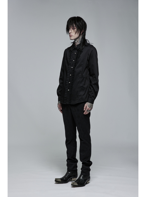 Delicate Decals Placket Pleated Ruffle Simple Black Long Sleeve Gothic Male Shirt