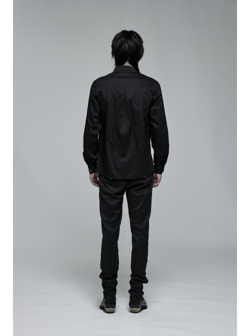 Delicate Decals Placket Pleated Ruffle Simple Black Long Sleeve Gothic Male Shirt