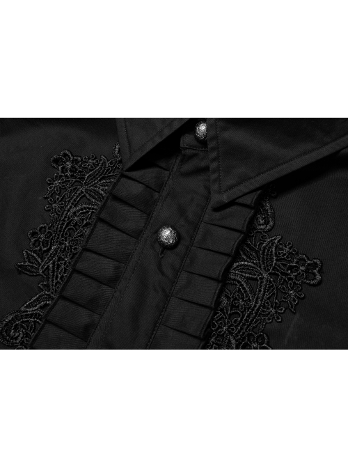 Delicate Decals Placket Pleated Ruffle Simple Black Long Sleeve Gothic Male Shirt