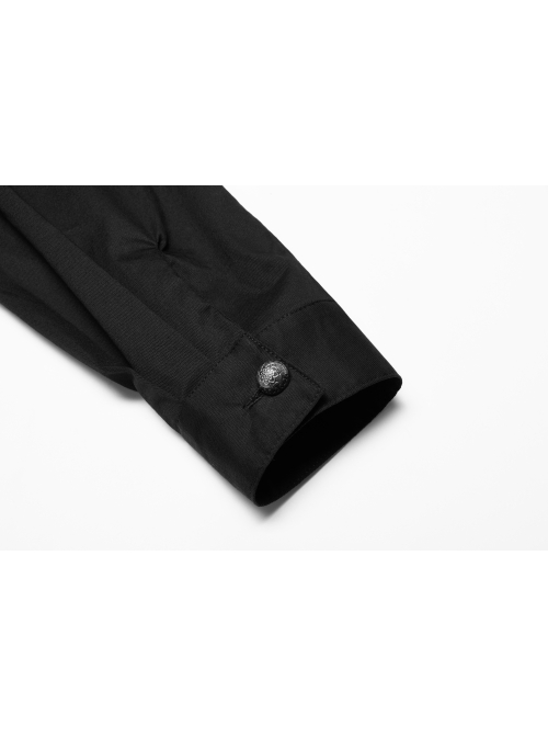 Delicate Decals Placket Pleated Ruffle Simple Black Long Sleeve Gothic Male Shirt