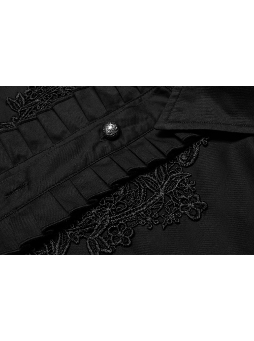 Delicate Decals Placket Pleated Ruffle Simple Black Long Sleeve Gothic Male Shirt