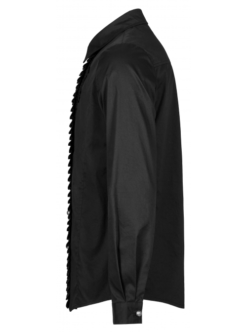 Delicate Decals Placket Pleated Ruffle Simple Black Long Sleeve Gothic Male Shirt