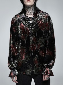 Gothic Comfortable Velvet Fabric Unique Print Tie Rope Design Loose Male Long Sleeve Shirt